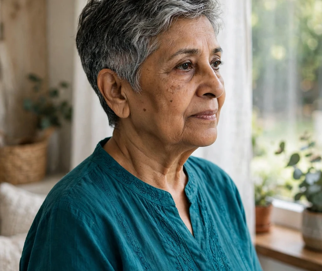 Salt and pepper tapered pixie on a 66-year-old South Asian woman with mixed gray-black textured pixie, tapered sides, wearing a teal kurta, home interior