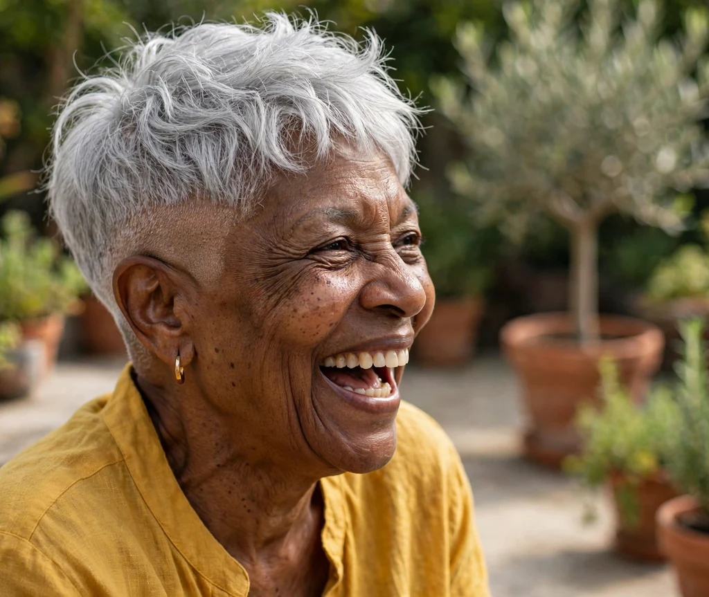 Wispy silver pixie with skin fade on a 63-year-old Black woman with wispy silver pixie top, sharp skin fade sides, wearing a mustard yellow blouse, sunny patio