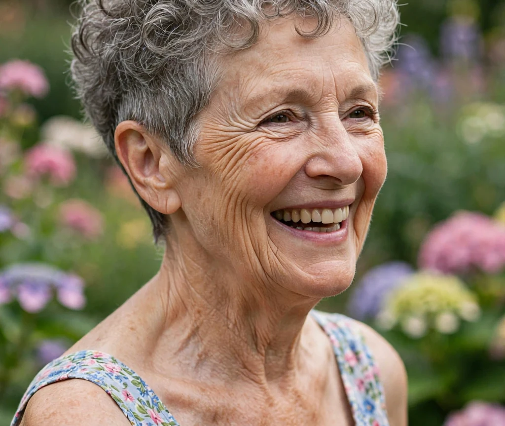 Curly gray pixie with undercut nape on a 67-year-old Caucasian woman with tight gray curls on top, shaved nape, wearing a floral dress, botanical garden