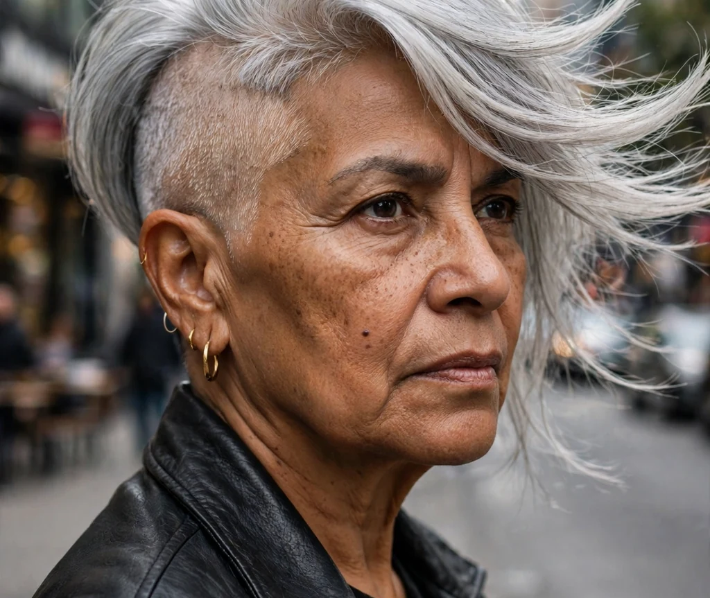 Long top pixie with shaved temple on a 61-year-old Latina woman with long silver top swept over, one shaved temple, wearing a leather jacket, urban street