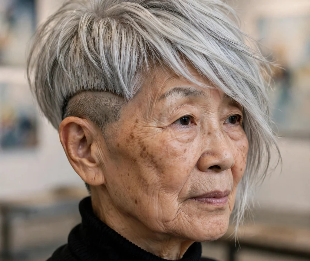 Disconnected undercut pixie in silver on a 69-year-old East Asian woman with dramatic disconnected silver layers, bold undercut line, wearing a black turtleneck, art gallery