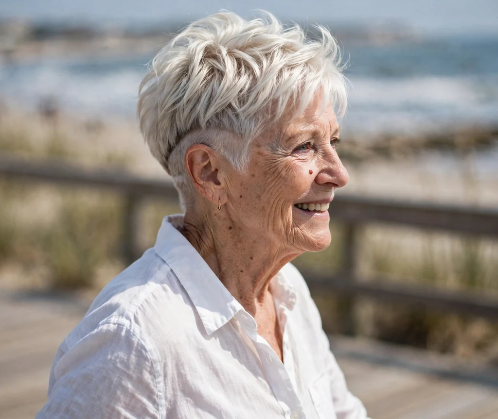 Feathered platinum pixie with undercut back on a 64-year-old Caucasian woman with feathered platinum layers, undercut back panel, wearing a white linen shirt, beach boardwalk