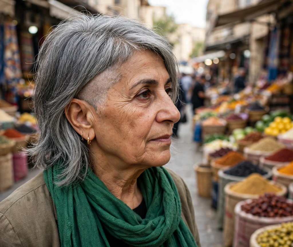 Asymmetrical gray pixie undercut on a 65-year-old Middle Eastern woman with asymmetrical gray pixie, longer left side, undercut right side, wearing an emerald scarf, market street