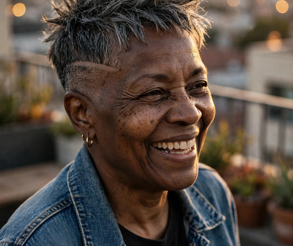 Spiky salt-and-pepper undercut pixie on a 62-year-old Black woman with spiky salt-and-pepper textured top, faded undercut, wearing a denim jacket, rooftop terrace