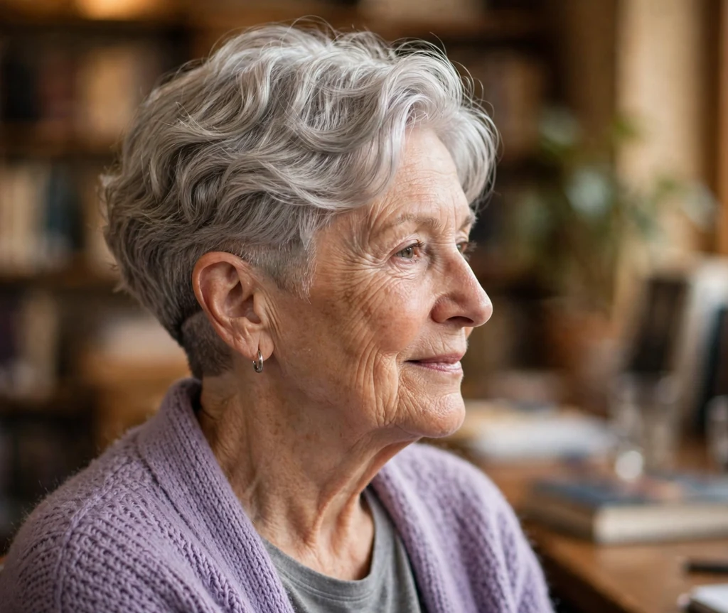 Soft wave top with low undercut on a 68-year-old Caucasian woman with soft wavy silver top, low subtle undercut, wearing a lavender cardigan, library interior
