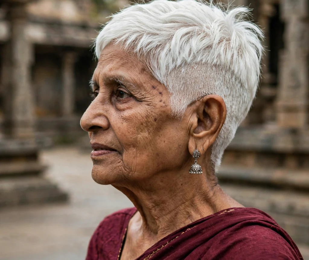 Icy white buzzed-side pixie on a 71-year-old South Asian woman with icy white pixie, buzzed sides, elegant silver earrings, wearing a maroon sari blouse, temple courtyard