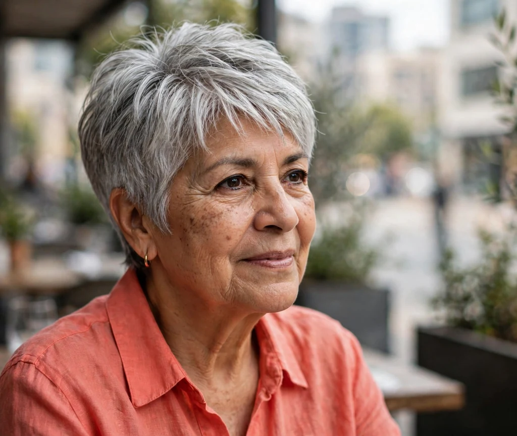 Layered silver pixie with tapered nape on a 63-year-old Latina woman with layered silver pixie, neatly tapered nape, wearing a coral blouse, restaurant terrace
