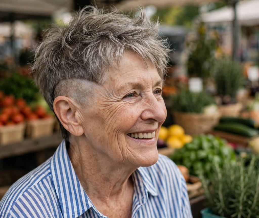 Tousled ash pixie with shaved side on a 66-year-old Caucasian woman with tousled ash brown-gray pixie, one shaved side, wearing a striped shirt, farmers market