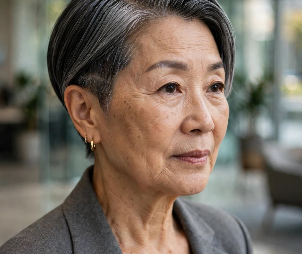 Sleek side-part undercut pixie on a 60-year-old East Asian woman with sleek side-parted dark silver pixie, hidden undercut, wearing a tailored gray blazer, office lobby