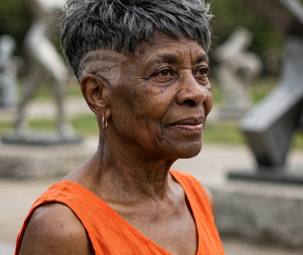 Charcoal gray textured pixie undercut on a 67-year-old Black woman with charcoal gray textured pixie, faded undercut sides, wearing an orange dress, sculpture park