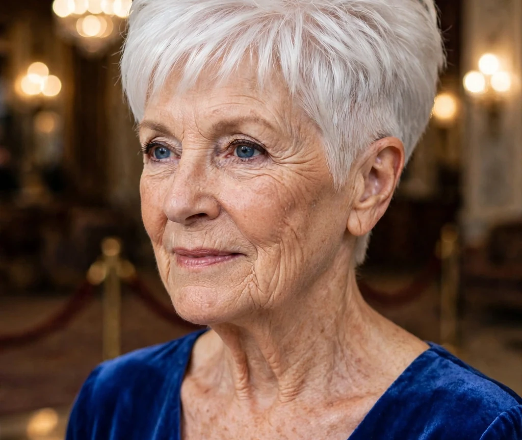 Voluminous white pixie with faded temples on a 64-year-old Caucasian woman with voluminous white pixie, faded temples, wearing a royal blue dress, theater lobby