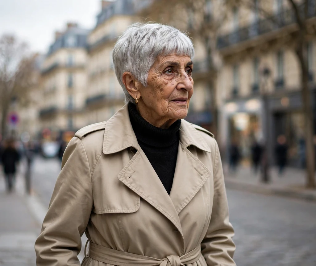 Modern French crop pixie for silver hair on a 69-year-old Middle Eastern woman with French crop silver fringe, tapered sides, wearing a beige trench coat, Parisian-style street