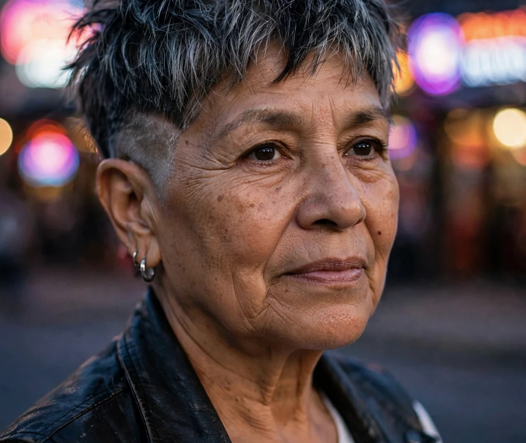 Choppy salt-and-pepper pixie with skin fade on a 61-year-old Latina woman with choppy salt-and-pepper layers, skin fade, wearing a black leather vest, music venue