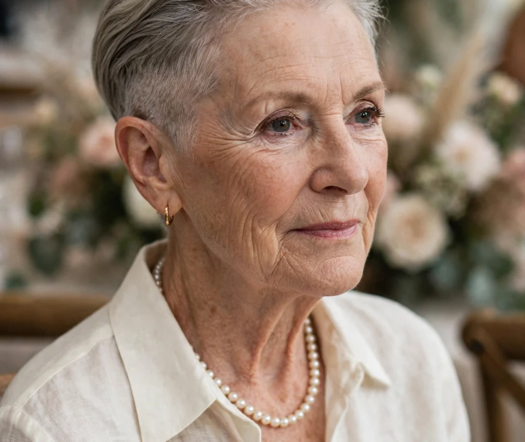 Elegant swept-back silver undercut pixie on a 70-year-old Caucasian woman with silver hair swept back, undercut sides, pearl necklace, wearing an ivory blouse, wedding venue