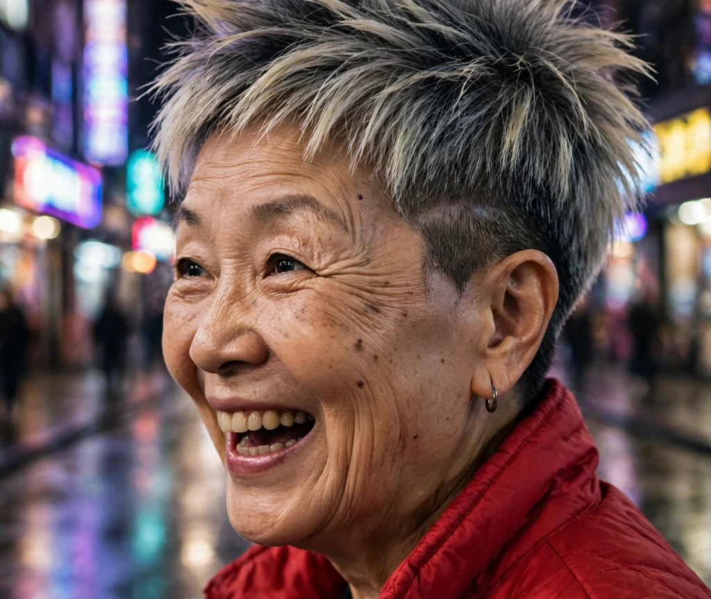 Bold frosted spike pixie with undercut sides on a 63-year-old East Asian woman with frosted spiky tips, undercut sides, wearing a red jacket, neon-lit city street at night