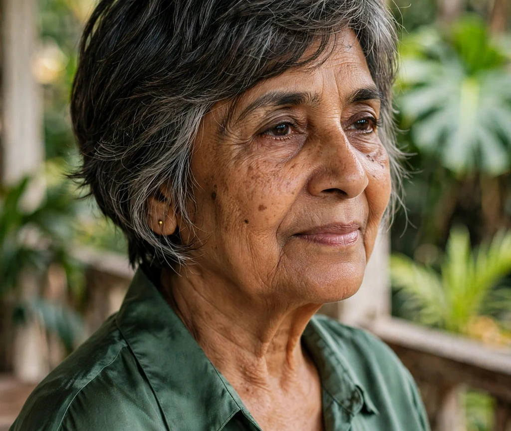 Soft pixie bob blend with hidden undercut on a 66-year-old South Asian woman with longer pixie bob, hidden undercut beneath, wearing a green silk blouse, veranda