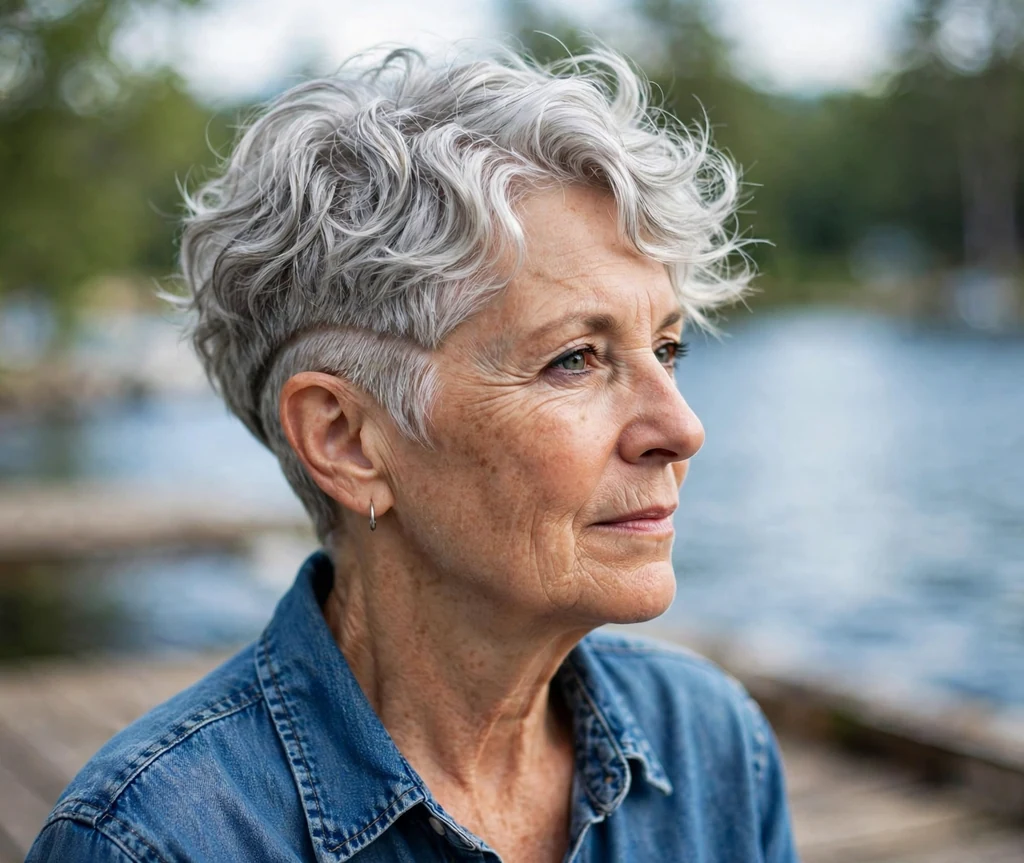 Wavy silver pixie with disconnected sides on a 65-year-old Caucasian woman with wavy silver top, disconnected short sides, wearing a denim shirt, lakeside dock