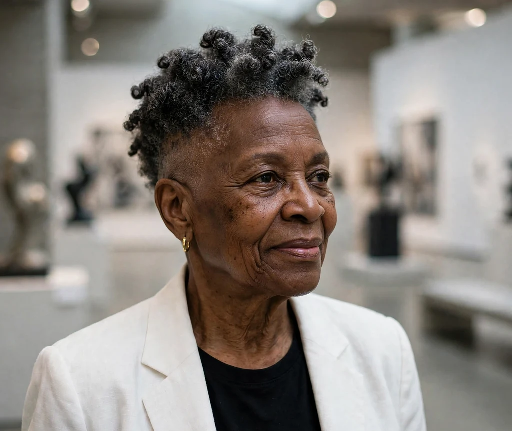 Tapered curls on top with faded undercut on a 68-year-old Black woman with tapered natural curls on top, faded undercut, wearing a white blazer, modern art museum