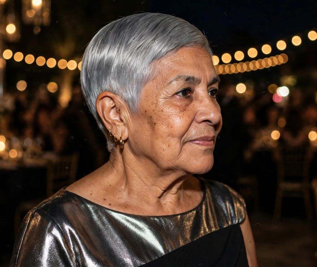 Glossy pewter pixie with shaved nape on a 62-year-old Latina woman with glossy pewter-gray pixie, shaved nape, wearing a black cocktail dress, evening gala