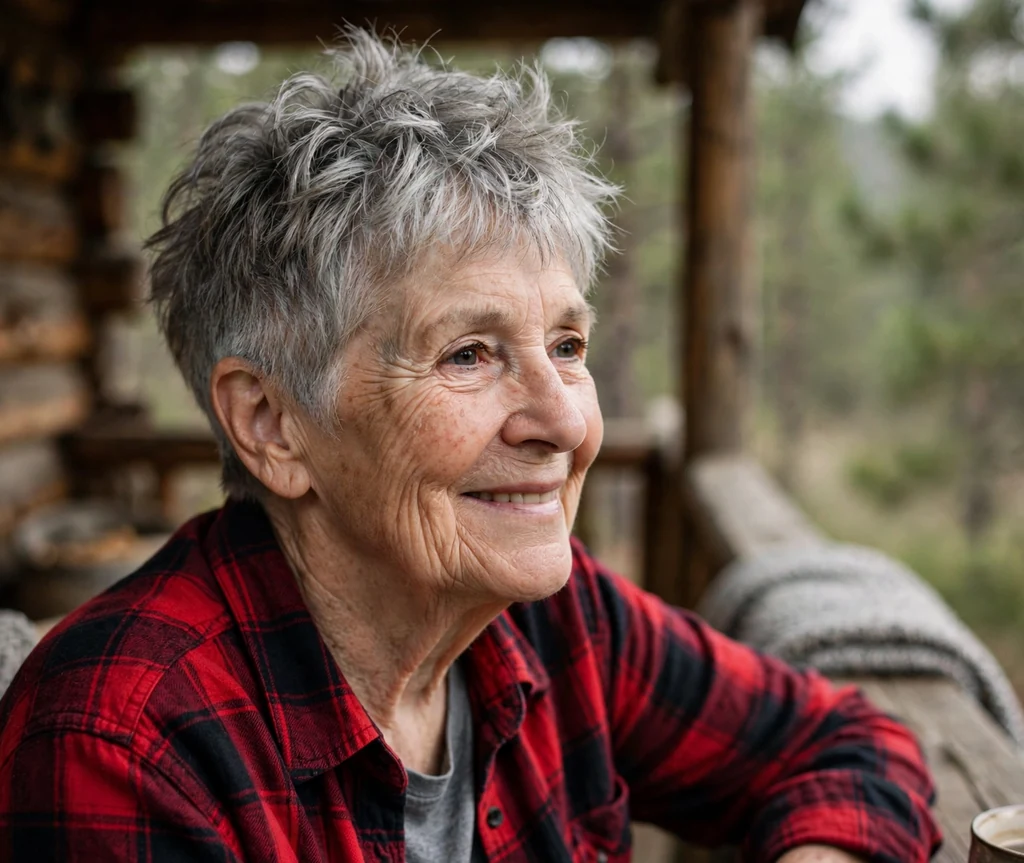 Messy textured pixie in natural gray on a 64-year-old Caucasian woman with messy natural gray textured pixie, faded sides, wearing a flannel shirt, cozy cabin porch