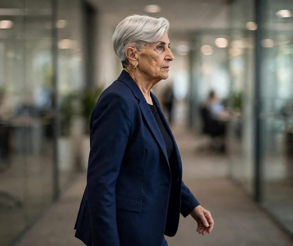 Polished side sweep with undercut temple on a 67-year-old Middle Eastern woman with polished silver side sweep, undercut temple, wearing a navy pantsuit, corporate hallway