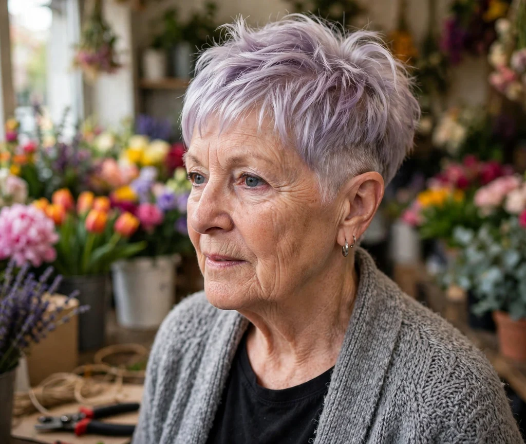 Lavender-tinted silver pixie undercut on a 61-year-old Caucasian woman with lavender-tinted silver pixie, faded undercut, wearing a gray cardigan, flower shop