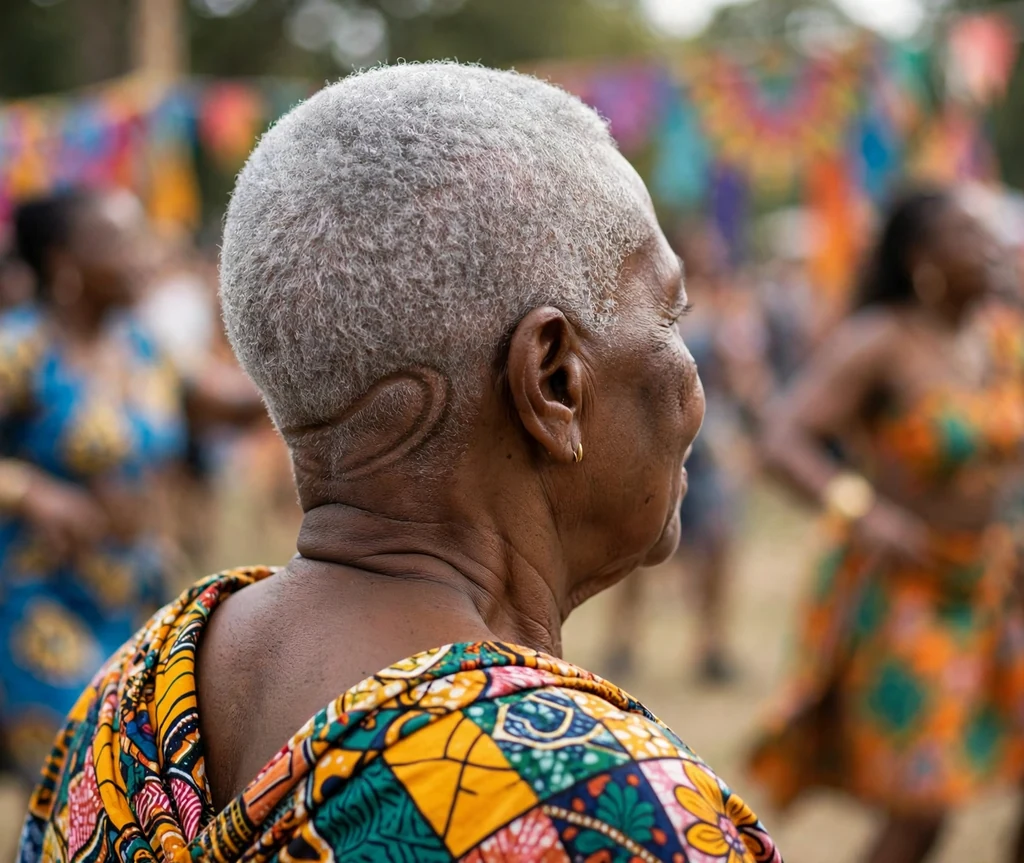 Crisp crop with buzzed nape design on a 65-year-old Black woman with crisp short crop, artistic shaved line design at nape, wearing a patterned wrap top, cultural festival