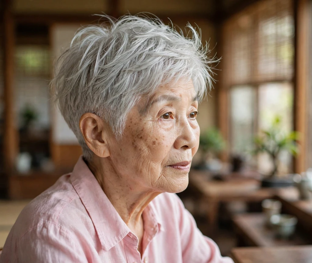 Airy feathered pixie with low fade on a 69-year-old East Asian woman with airy feathered silver pixie, low fade, wearing a pastel pink blouse, tea house