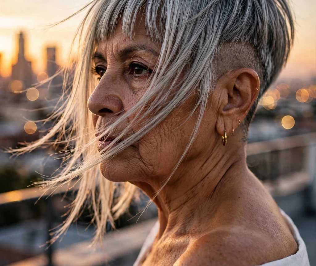 Dramatic long fringe pixie undercut on a 62-year-old Latina woman with dramatic long silver fringe, undercut sides, wearing a white off-shoulder top, rooftop at sunset