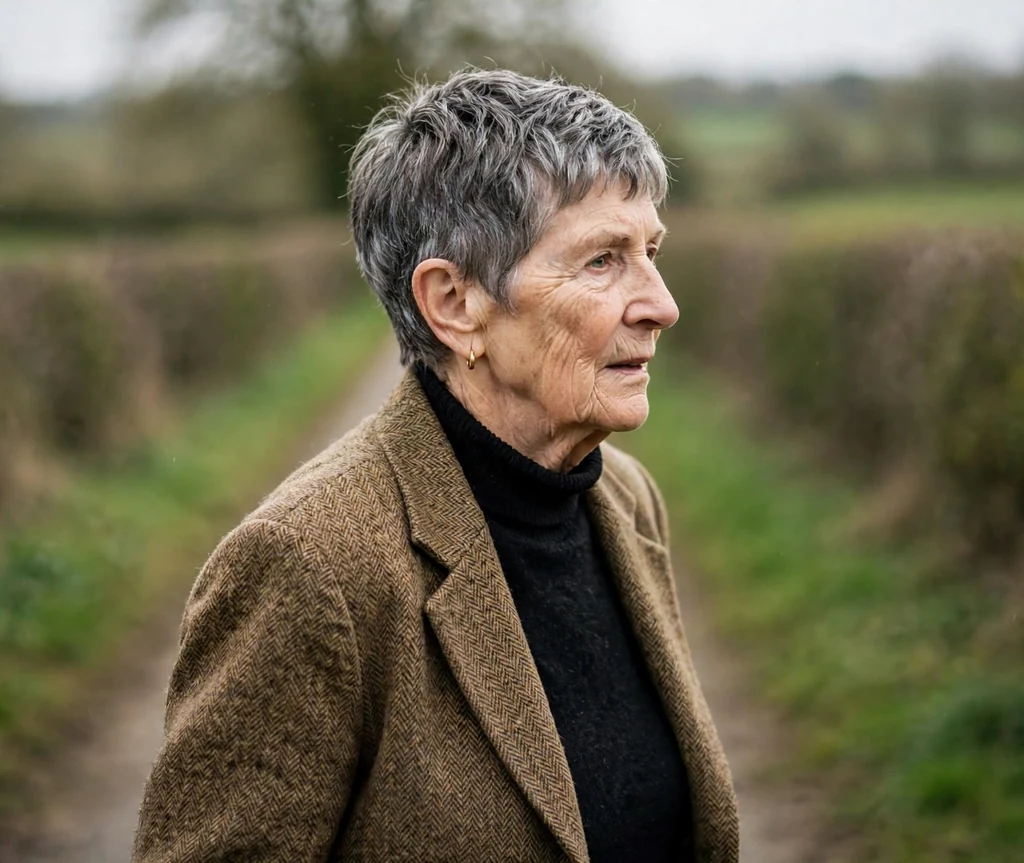 Classic taper pixie in salt and pepper on a 71-year-old Caucasian woman with classic tapered salt-and-pepper pixie, neat taper, wearing a tweed jacket, countryside lane