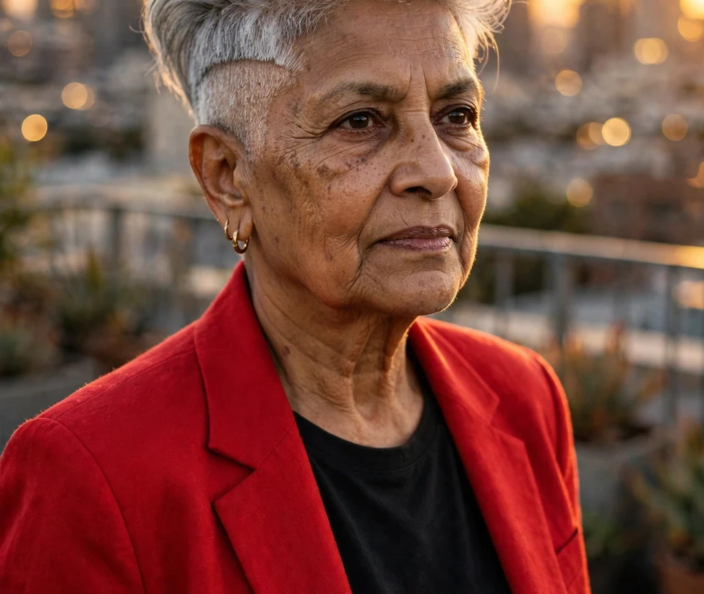 Silver quiff pixie undercut on a 66-year-old South Asian woman with voluminous silver quiff, tight undercut sides, wearing a bold red blazer, city rooftop at golden hour