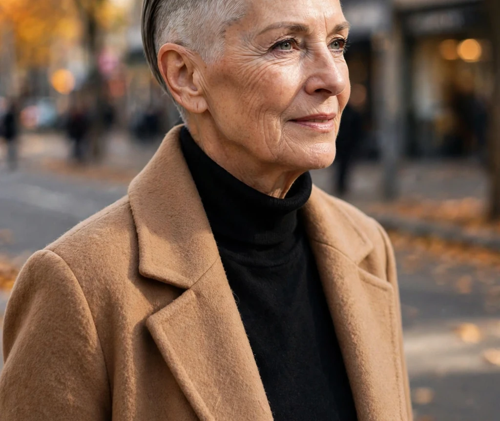 Sleek silver slicked-back undercut on a 63-year-old Caucasian woman with silver hair swept straight back, faded undercut sides, wearing a camel coat, autumn street