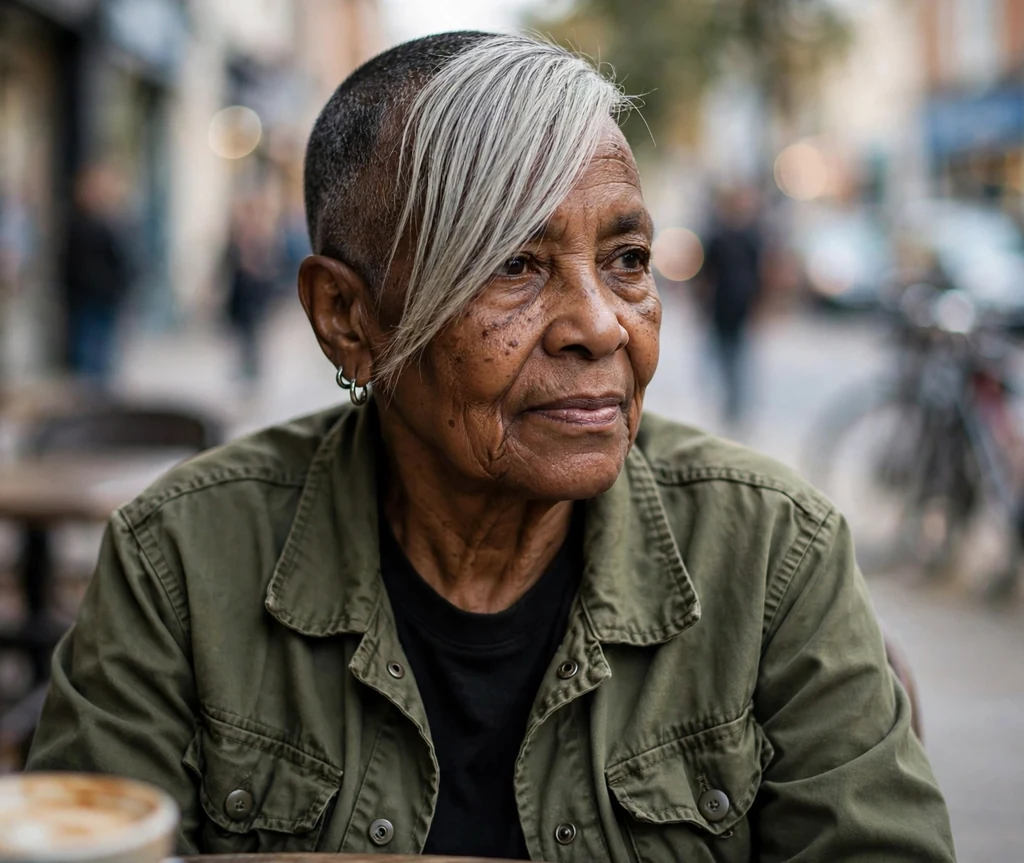 Edgy buzz cut with long bangs on a 66-year-old Black woman with closely buzzed sides and back, long silver bangs across forehead, wearing an olive green jacket, cafe terrace