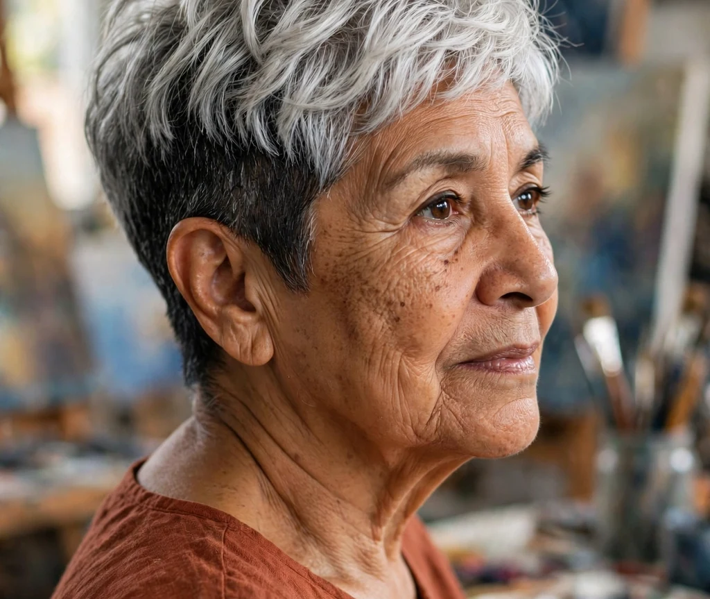 Two-tone silver and charcoal pixie on a 64-year-old Latina woman with silver top layers over charcoal undercut, textured pixie, wearing a rust-colored top, art studio