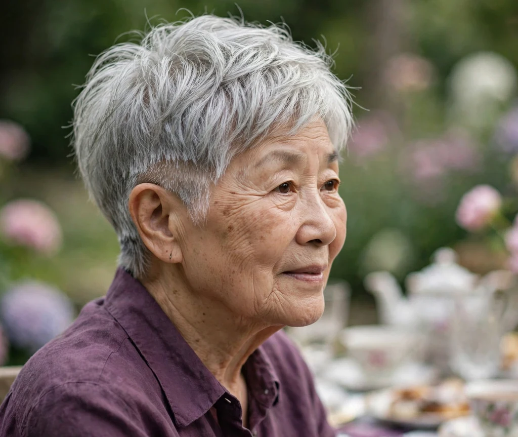 Feathered nape pixie with temple fade on a 70-year-old East Asian woman with feathered silver pixie, softly feathered nape, faded temples, wearing a plum blouse, garden tea party
