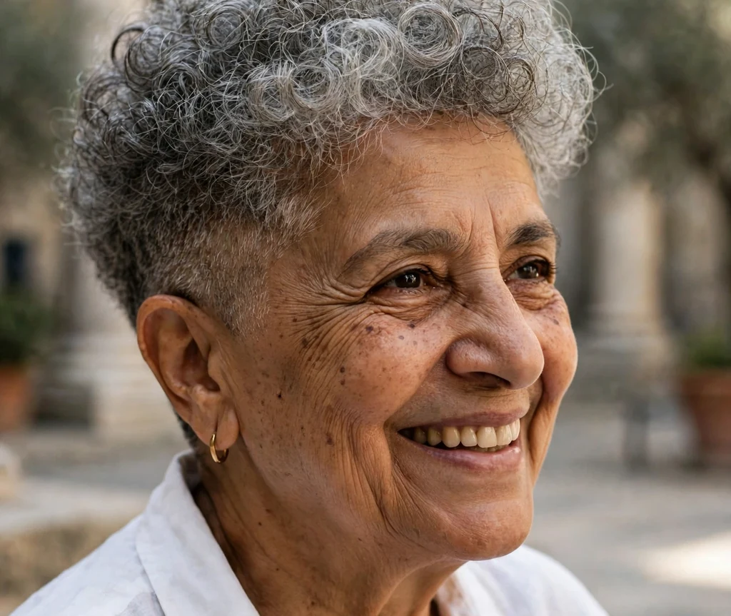 Curly top fade in natural gray on a 62-year-old Middle Eastern woman with natural gray curls on top, clean fade sides, wearing a white shirt, museum courtyard
