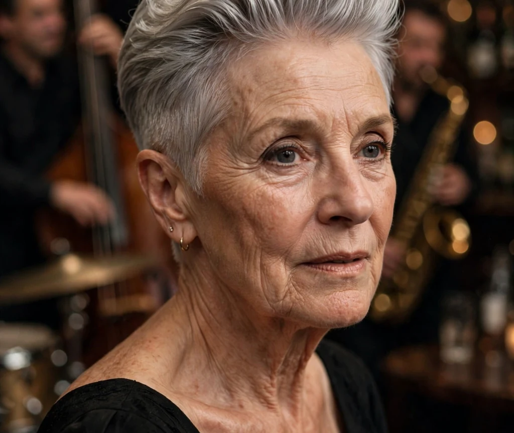 Sleek pompadour pixie for silver hair on a 67-year-old Caucasian woman with sleek silver pompadour volume on top, tight undercut sides, wearing a black dress, jazz club