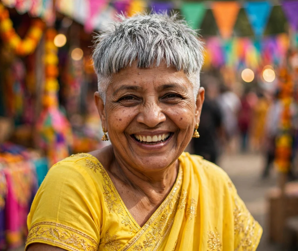 Textured crop with micro fringe on a 65-year-old South Asian woman with textured silver crop, short micro fringe, faded sides, wearing a yellow sari blouse, cultural festival