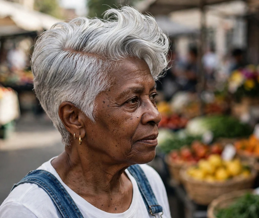 Side-parted quiff with tapered sides on a 61-year-old Black woman with silver side-parted quiff, neatly tapered sides, wearing a denim overalls, street market