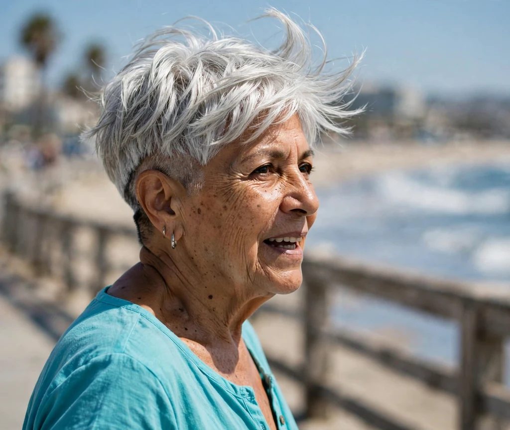 Windswept silver pixie with undercut back on a 69-year-old Latina woman with windswept silver layers, undercut back panel, wearing a turquoise top, beach promenade
