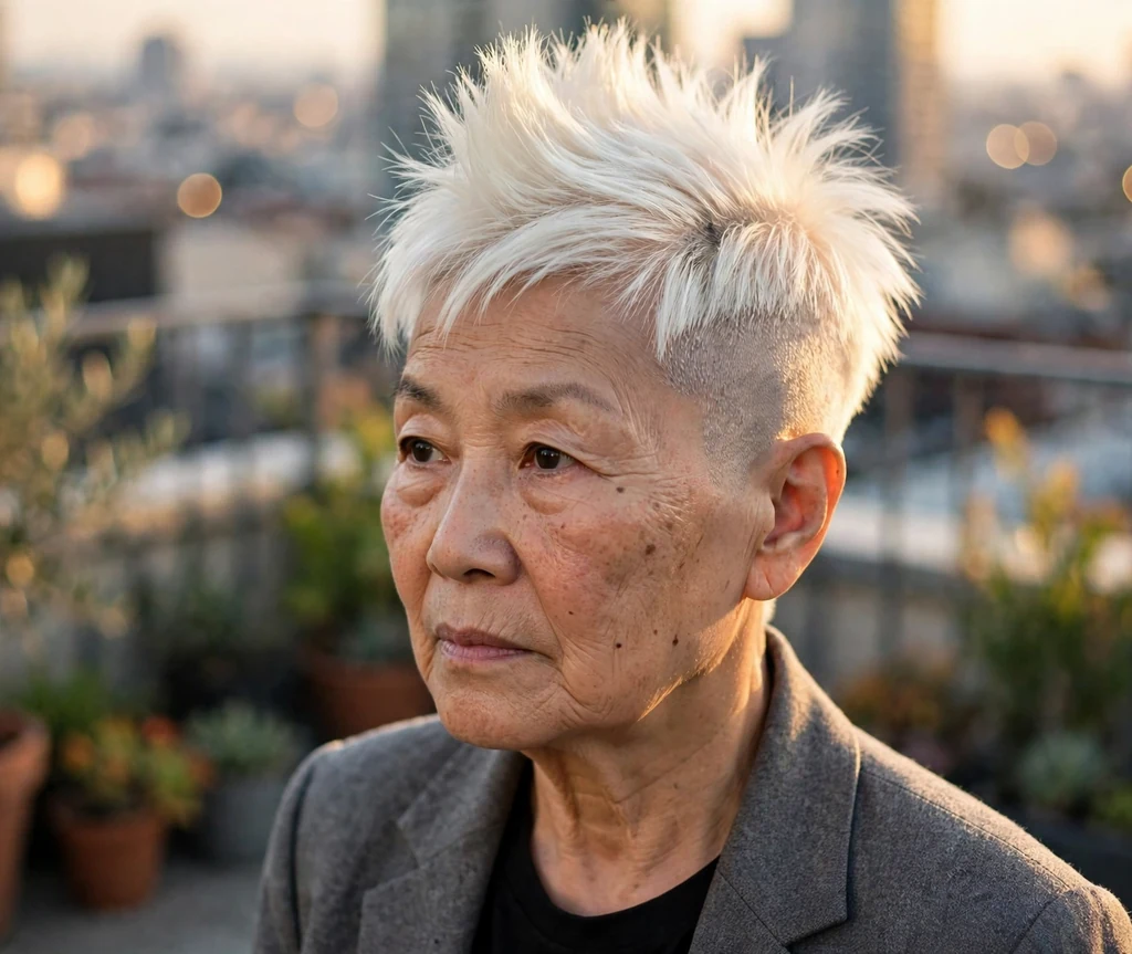 Bold platinum faux hawk pixie on a 64-year-old East Asian woman with platinum faux hawk strip, shaved sides, wearing a gray blazer, rooftop terrace