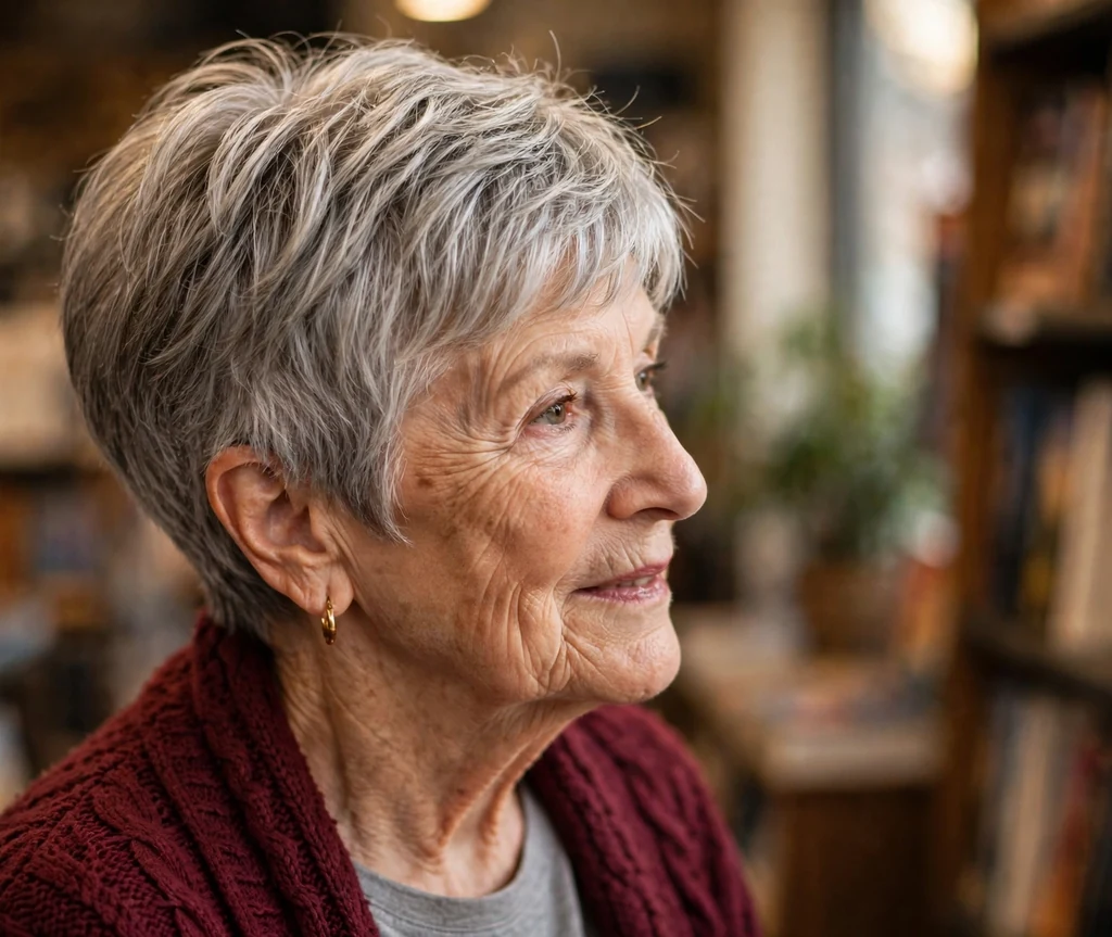 Timeless tapered pixie with silver highlights on a 68-year-old Caucasian woman with tapered pixie, luminous silver highlights through gray, wearing a burgundy cardigan, bookstore