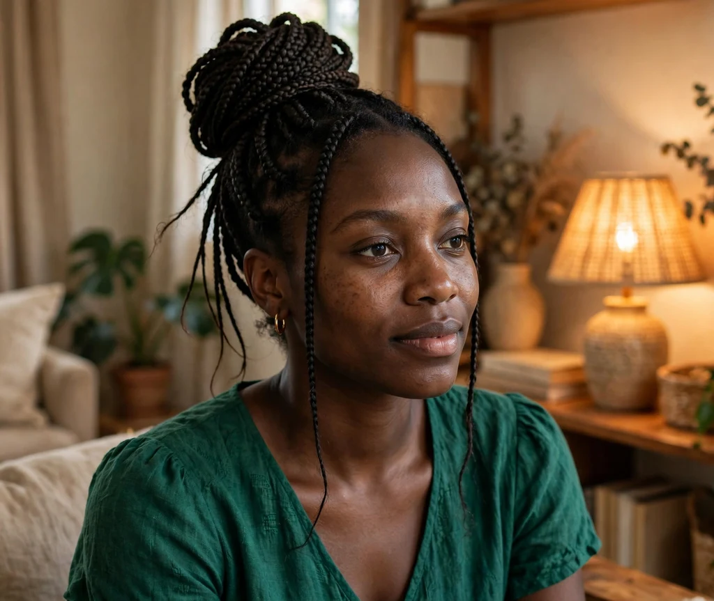 Black woman with knotless braids wrapped into an elegant high bun in a warm living room