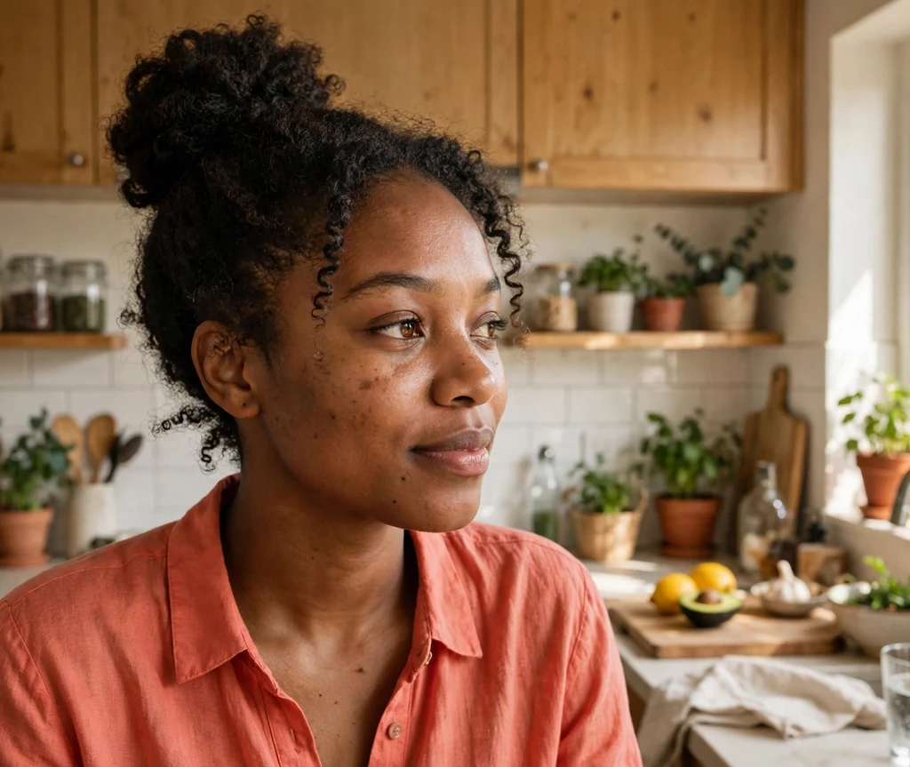Black woman with a classic high bun in a sunny kitchen
