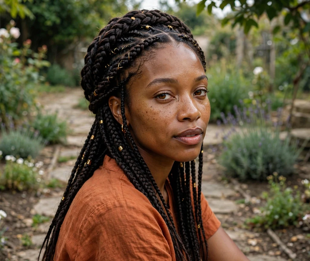 Black woman with a braided crown updo on a garden path