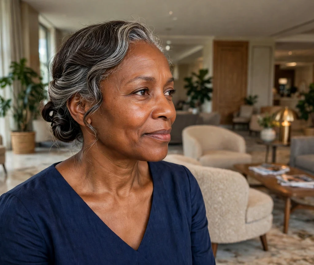 Black woman with an elegant French twist in a hotel lobby