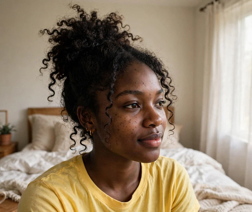 Black woman with a high pineapple updo in a bedroom