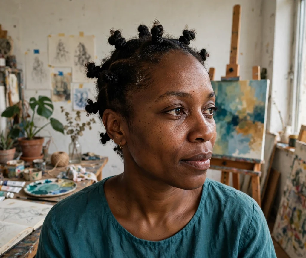 Black woman with a Bantu knot crown in an art studio
