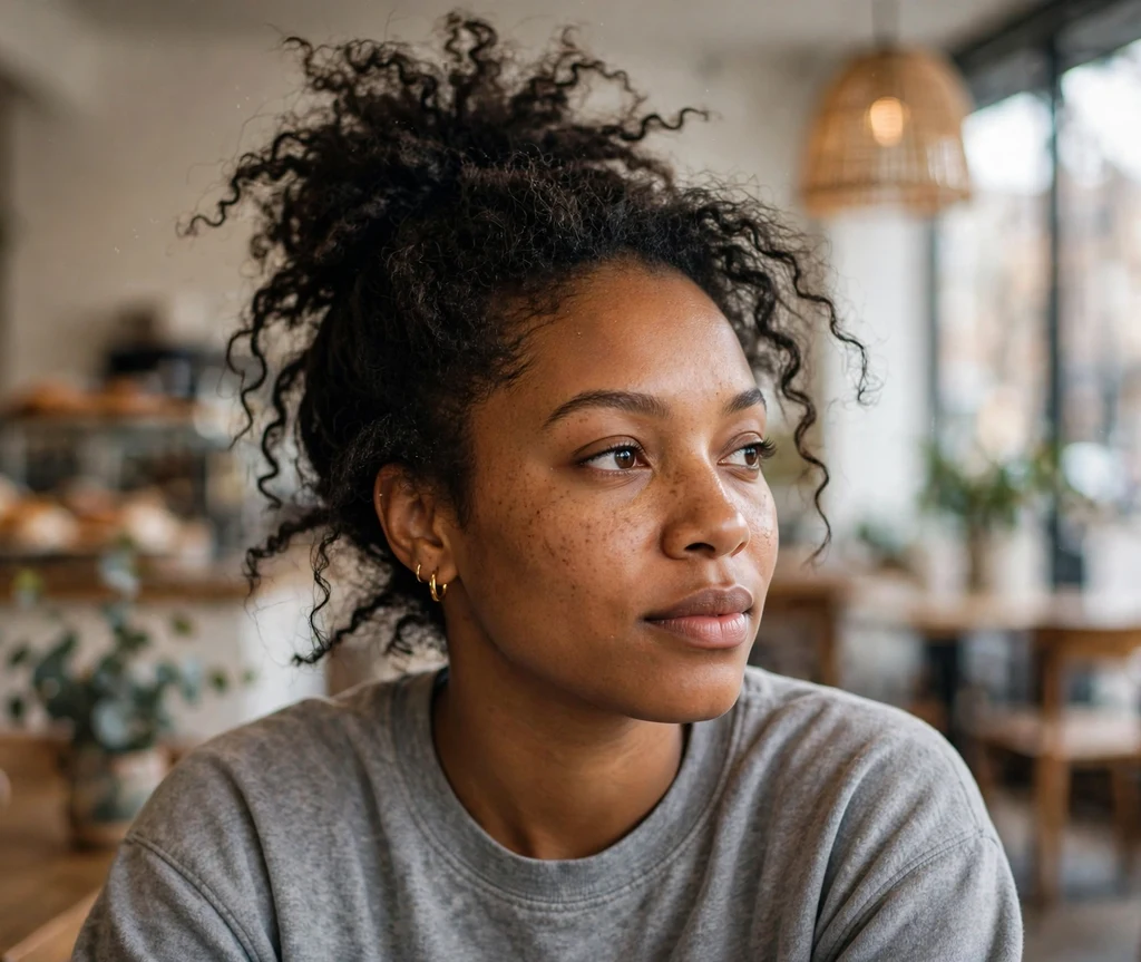 Black woman with a messy top knot in a coffee shop