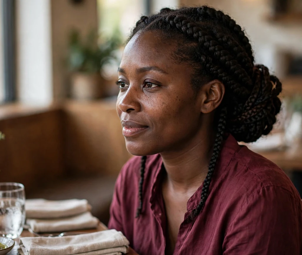 Black woman with a goddess braid bun at a restaurant table
